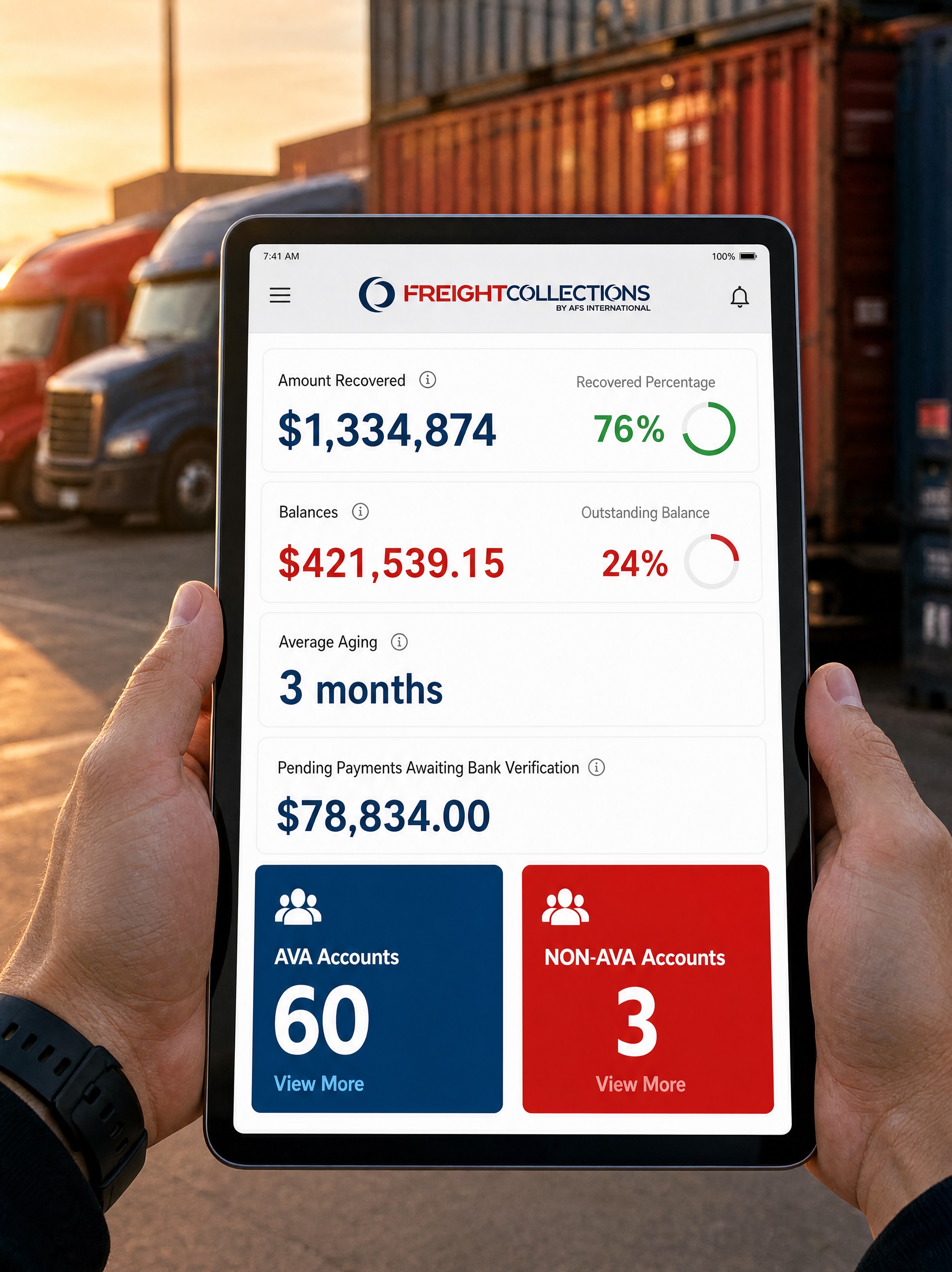 FreightCollections Portal on iPad — dashboard showing recovered amount, balances, average aging, pending payments, AVA and NON-AVA accounts