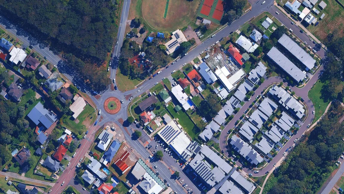 Aerial view of a suburban neighborhood with houses in Newcastle