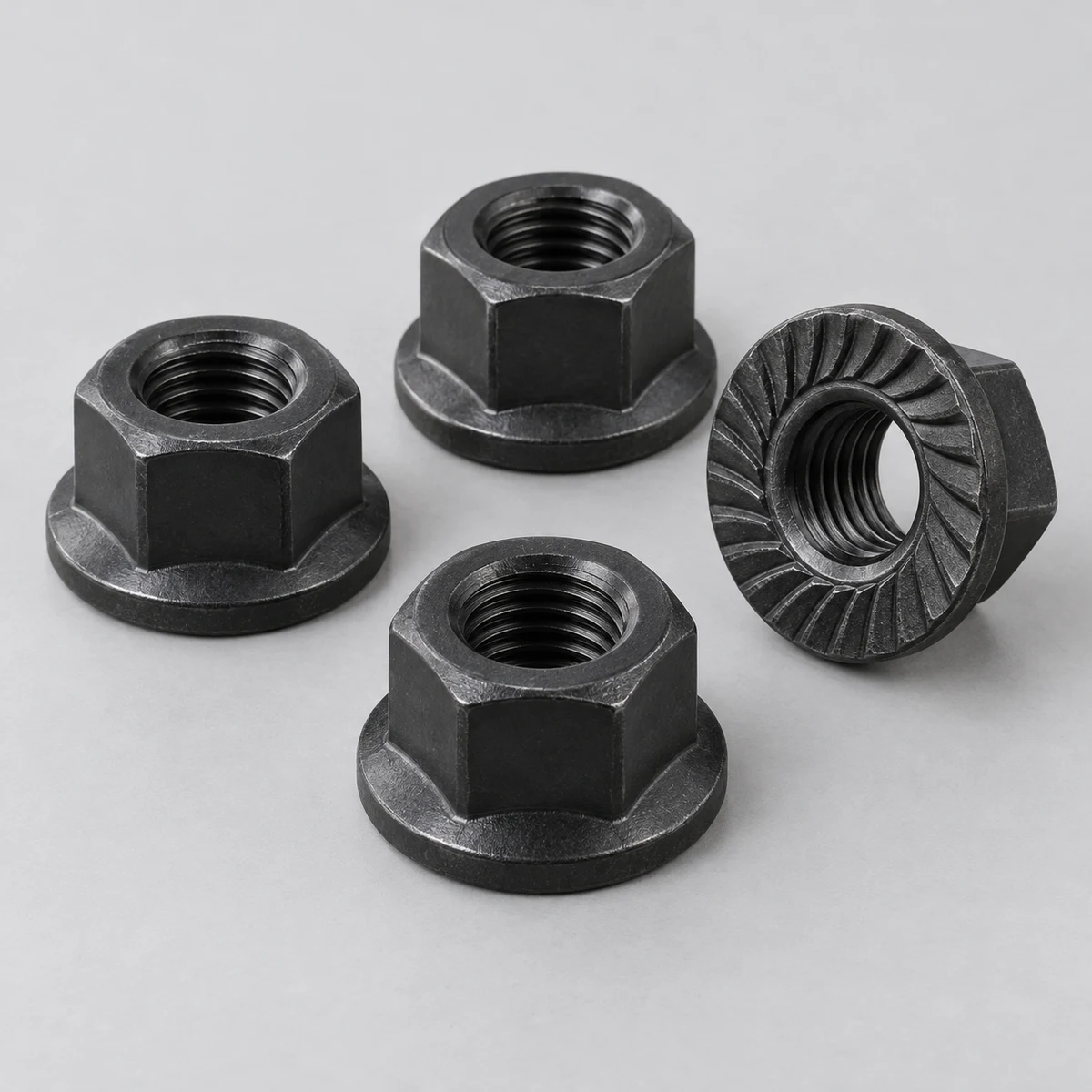 Flange Nut - DIN 6923 family, black finish, serrated flange underside (product illustration)