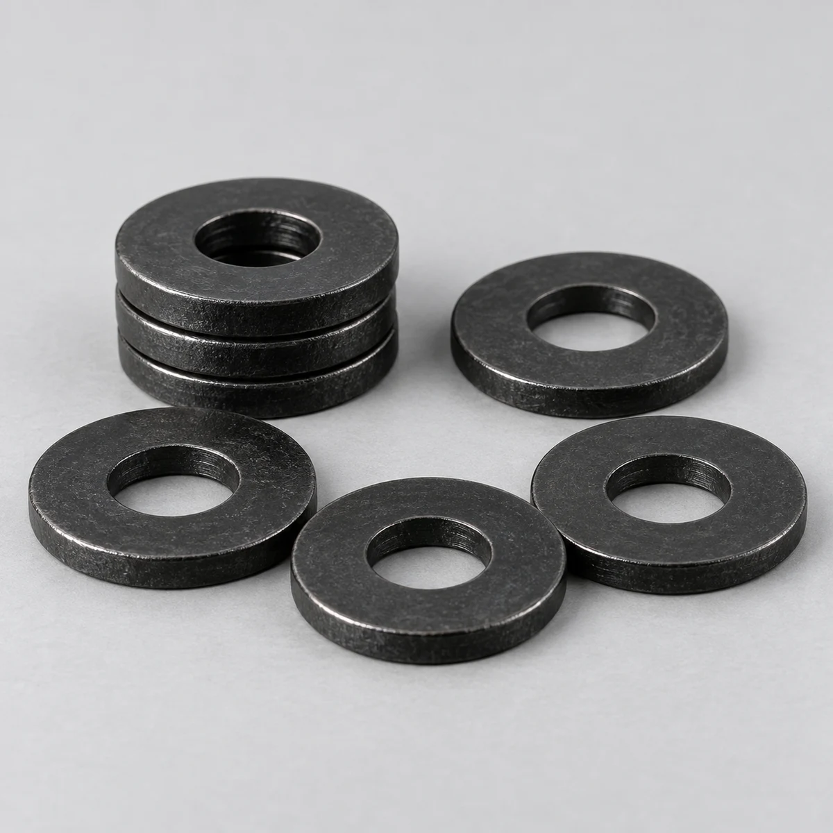 Flat Washer - DIN 125 / ISO 7089 family, steel, black finish, bore and flat-face view (product illustration)