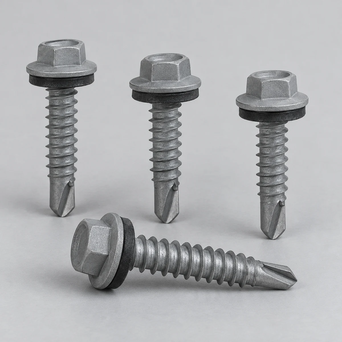 Self Drilling Screw - DIN 7504 / ISO 15480 family, steel, gray coating, hex washer head and drill point (product illustration)