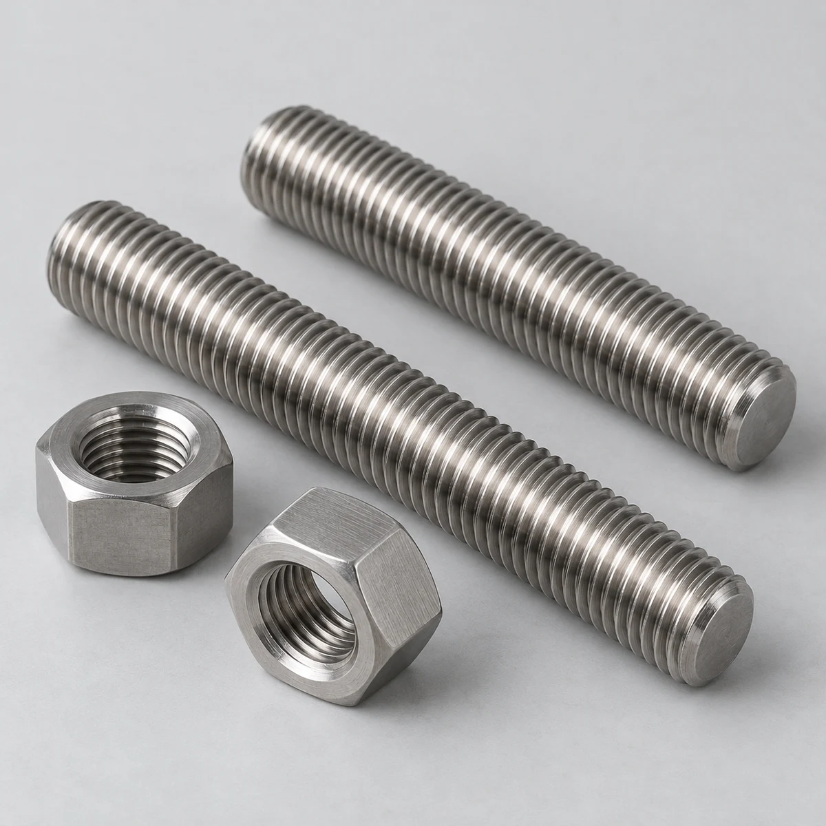 ASTM A193 B8M Stud Bolt - 316 stainless steel, natural finish, all-thread studs and loose nuts (product illustration)