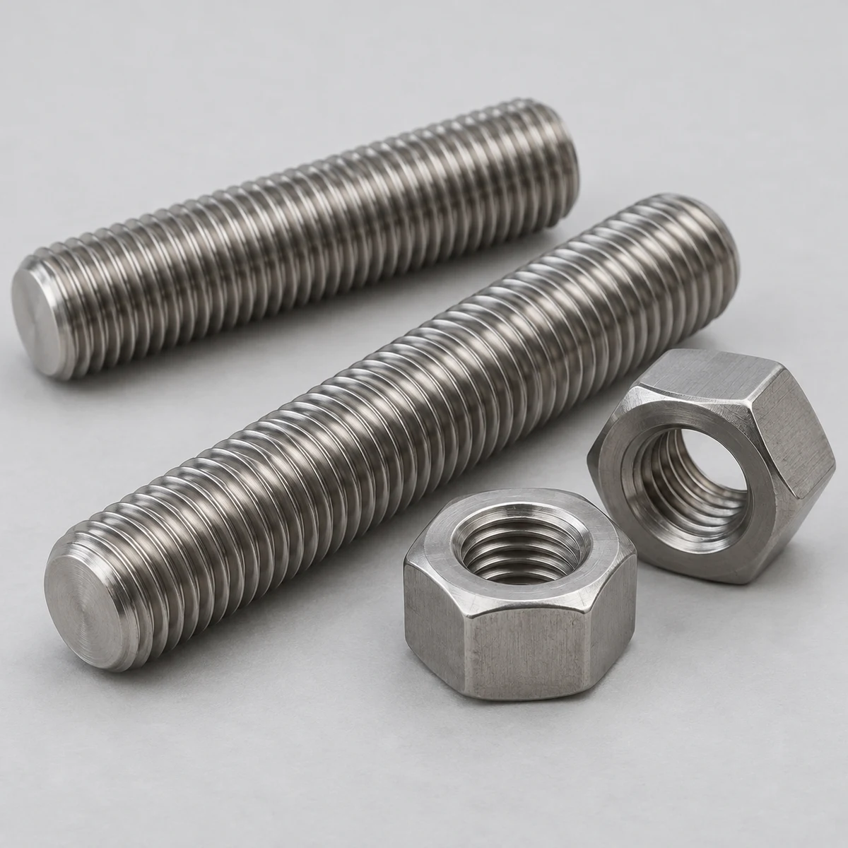 ASTM A193 B8M Stud Bolt - 316 stainless steel, natural finish, threaded ends and loose nuts (product illustration)