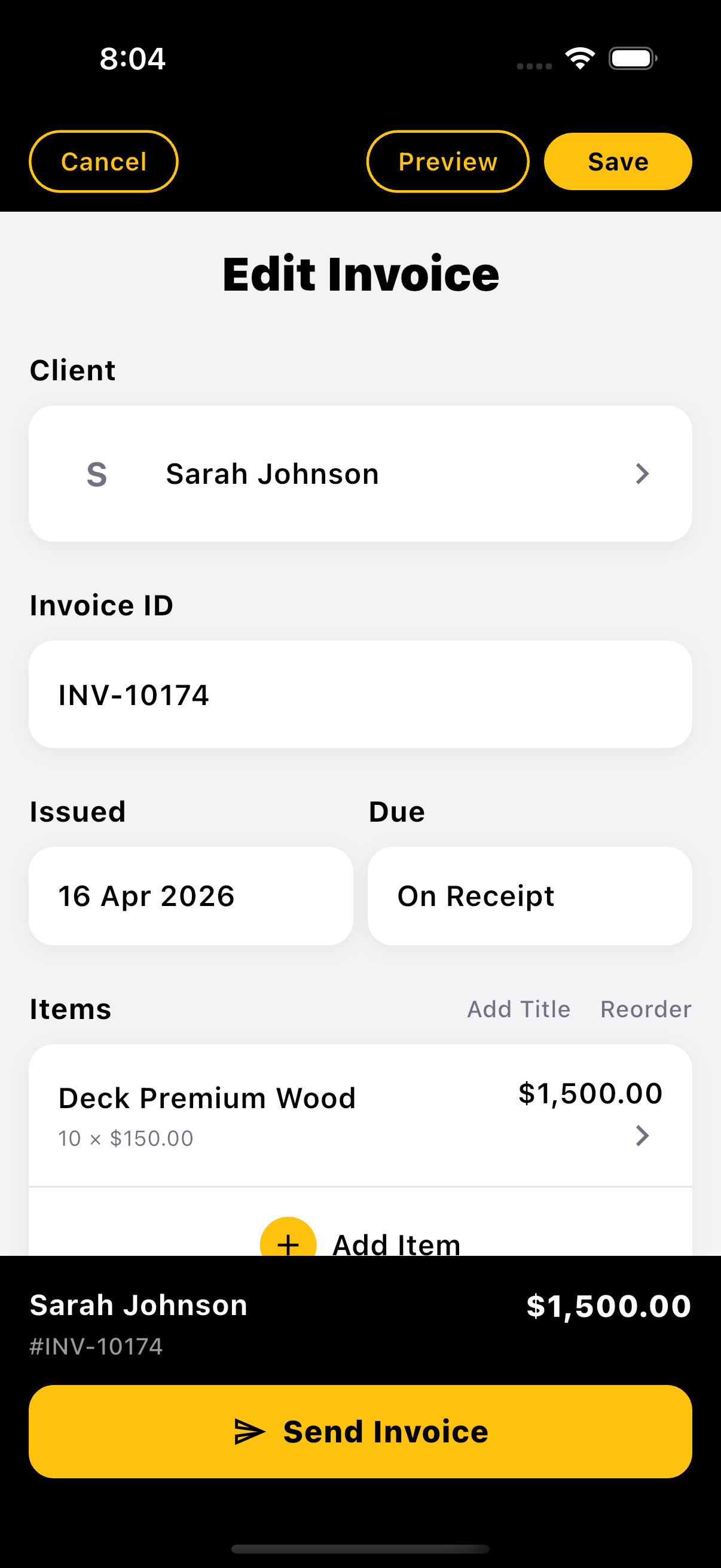 BIG INVOICE app — edit invoice view