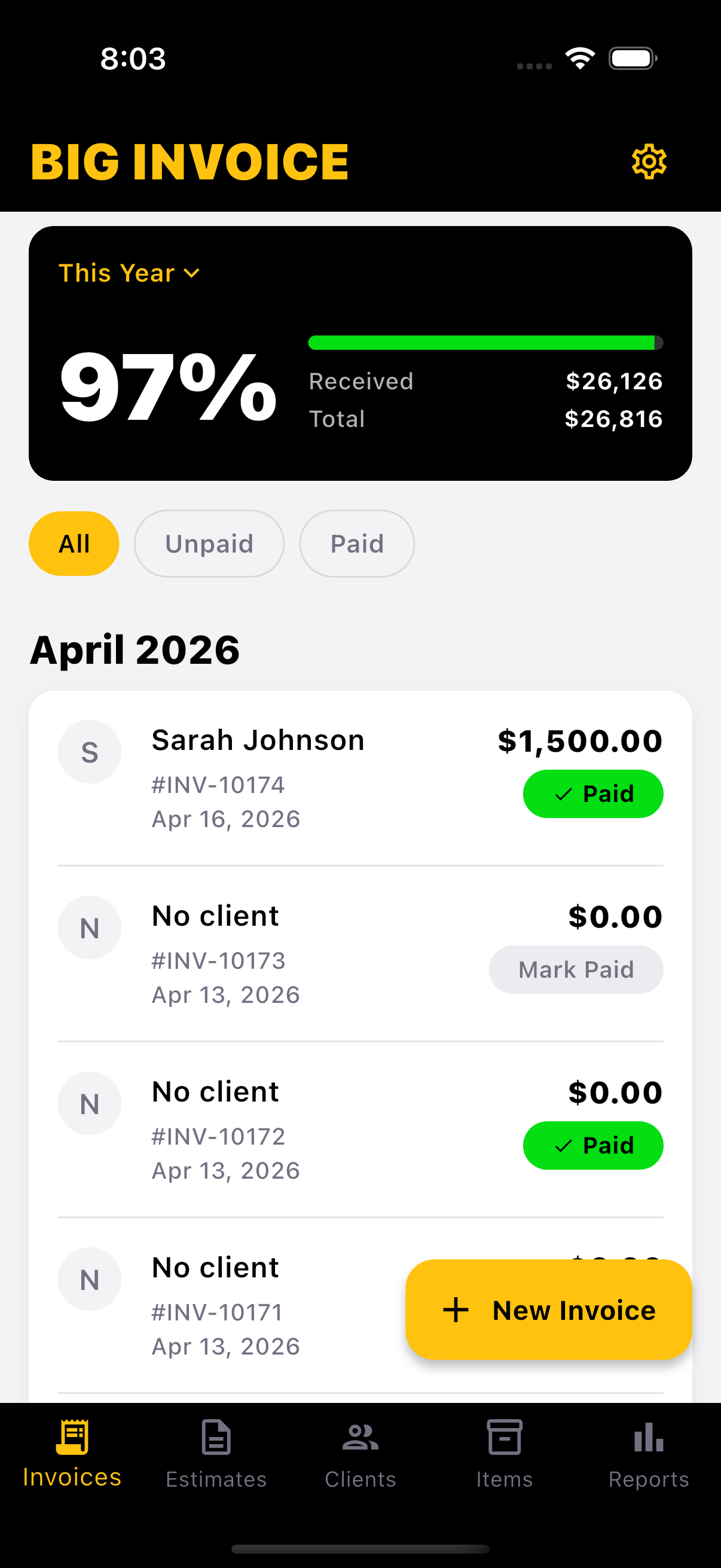 BIG INVOICE app — invoice list view
