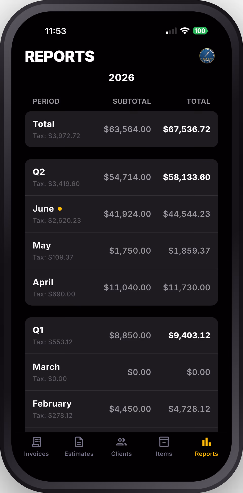 BIG INVOICE — reports screen