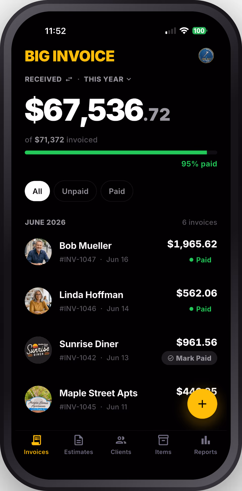 BIG INVOICE app — invoice list view