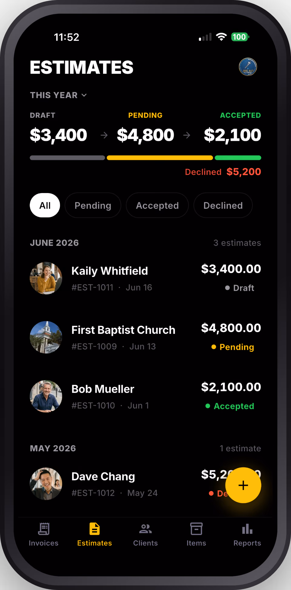 BIG INVOICE — estimates screen