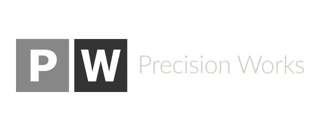 Logo with bold white letters PW and text Precision Works on black background.