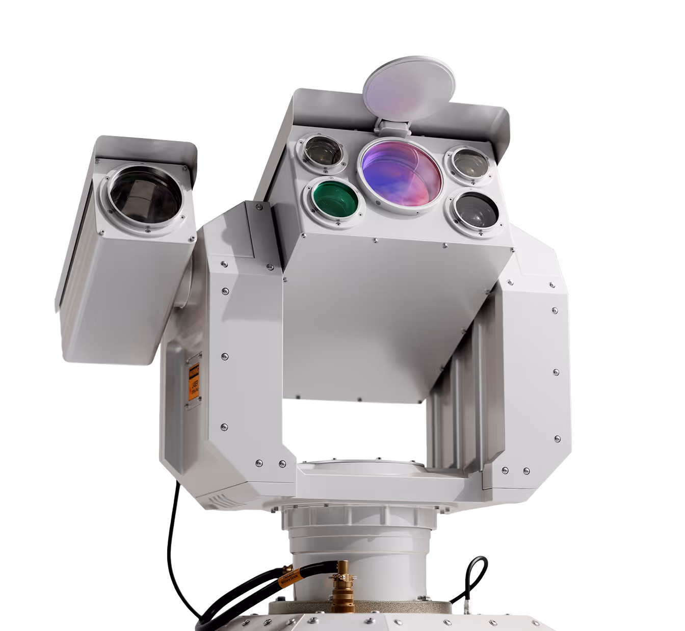 High-tech white turret with multiple lenses and sensors against a black background.