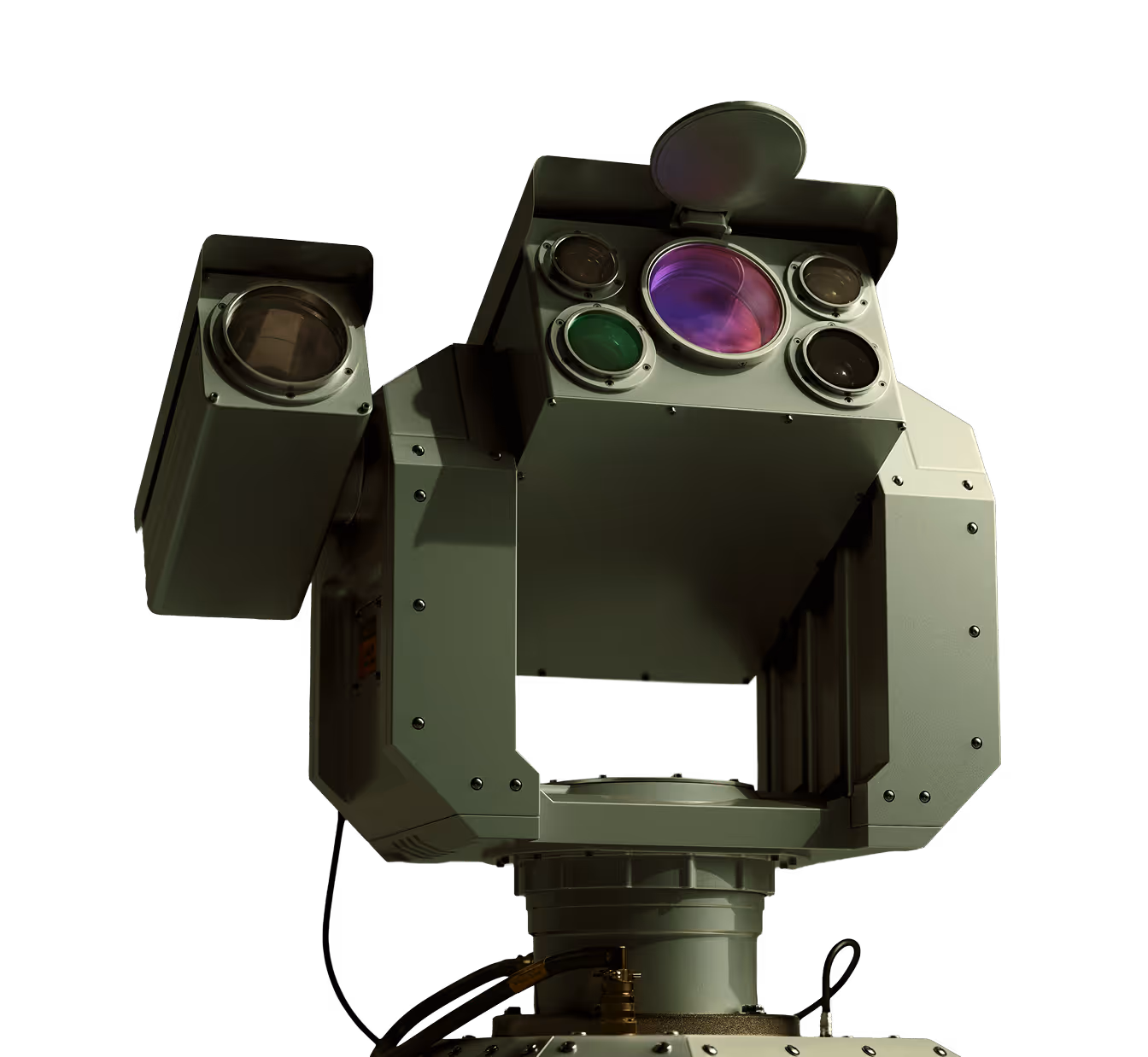 Military-grade surveillance device with multiple lenses and sensors on a swiveling mount.