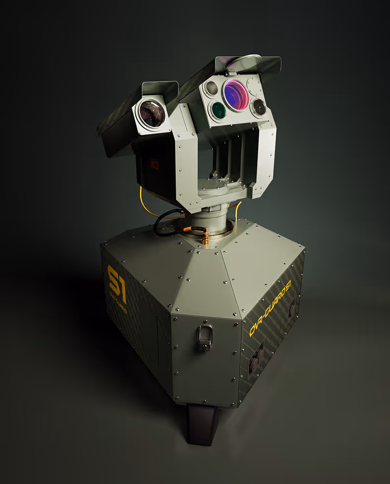 Military-grade surveillance camera with multiple lenses mounted on a sturdy hexagonal base.