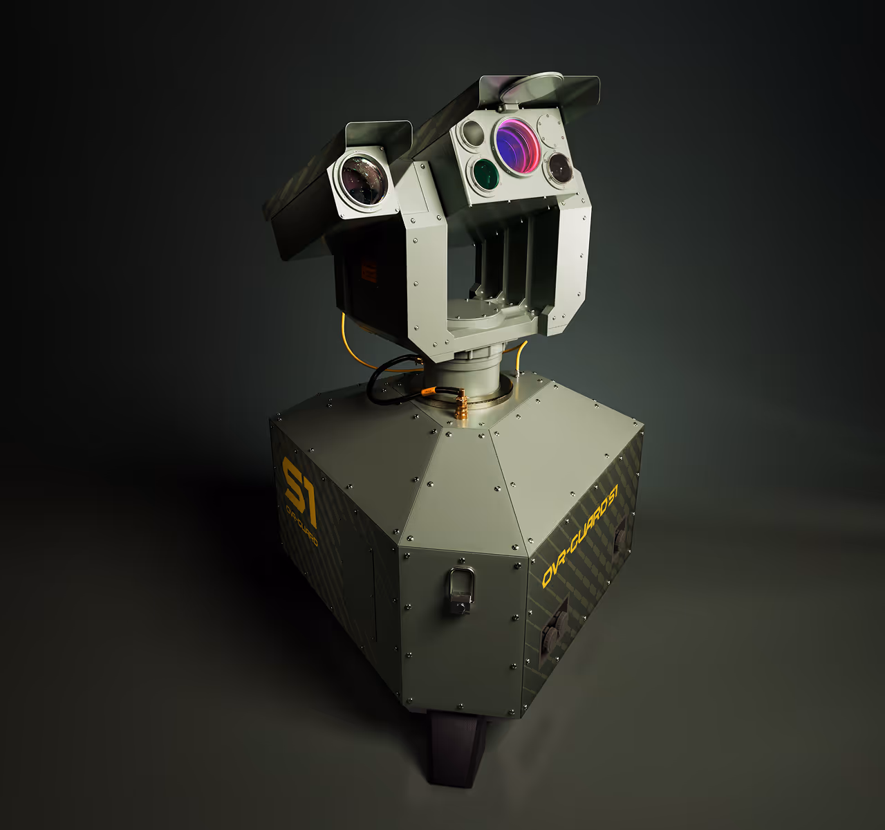 Military-grade green Overguard S1 surveillance system with multiple sensors and cameras.
