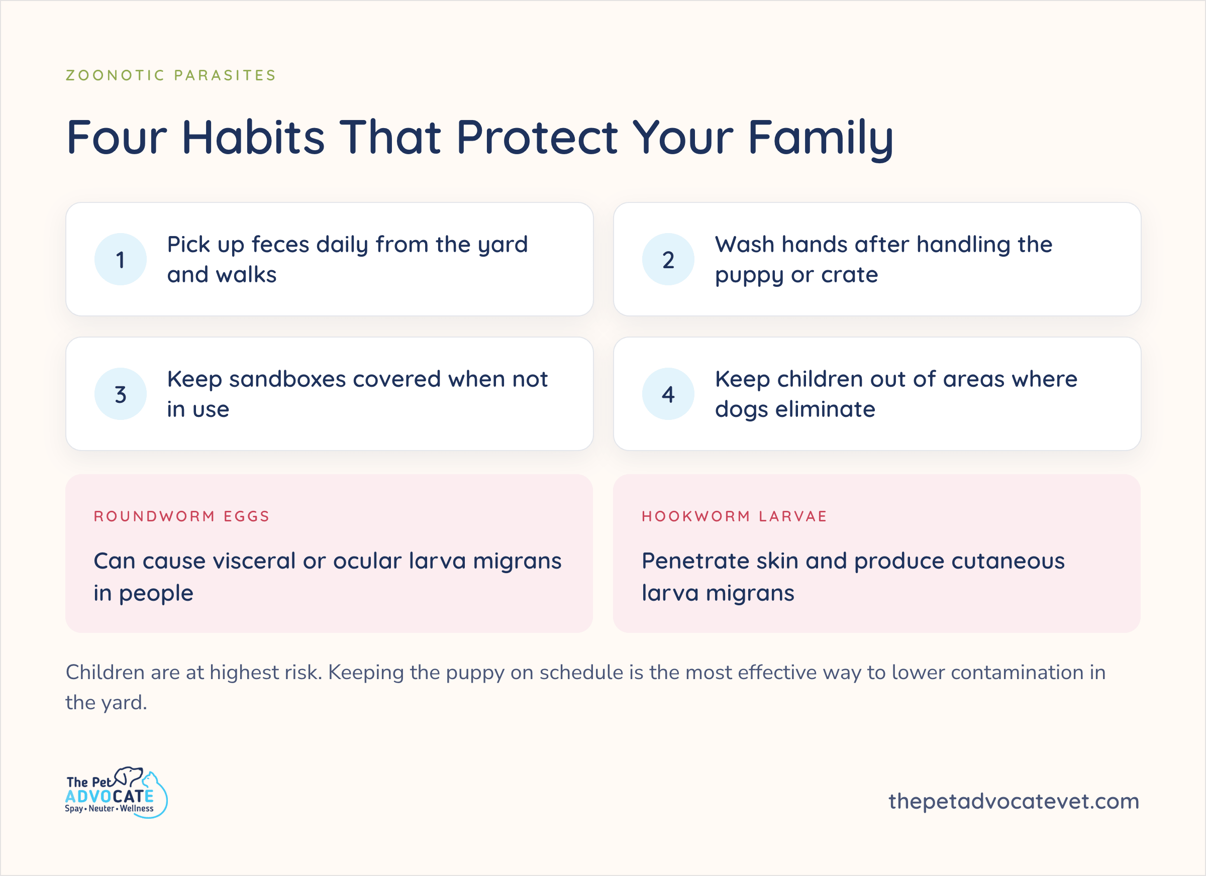 Four habits that protect families from zoonotic parasites — daily feces pickup, hand washing, covering sandboxes, and keeping children away from dog elimination areas — with notes on roundworm and hookworm risks to people.