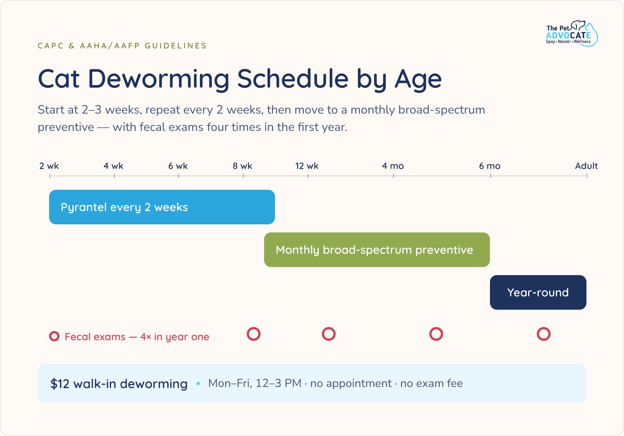 Timeline of the CAPC cat deworming schedule by age: pyrantel every 2 weeks starting at 2 to 3 weeks, a monthly broad-spectrum preventive from 8 to 12 weeks, year-round prevention after 6 months, plus four fecal exams during the first year.