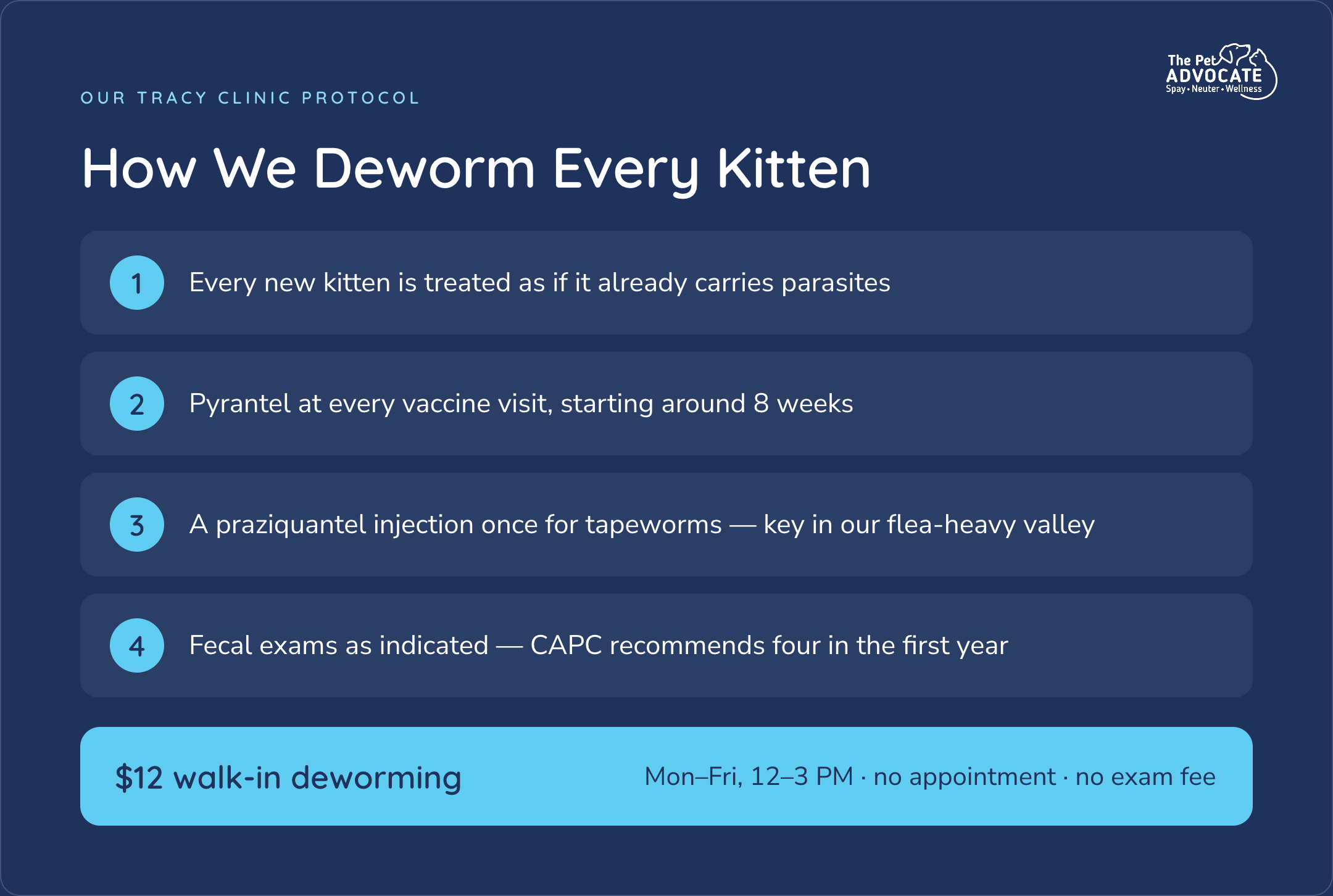 The Pet Advocate Vet's four-step kitten deworming protocol, with $12 walk-in deworming Monday to Friday from 12 to 3 PM, no appointment and no exam fee.