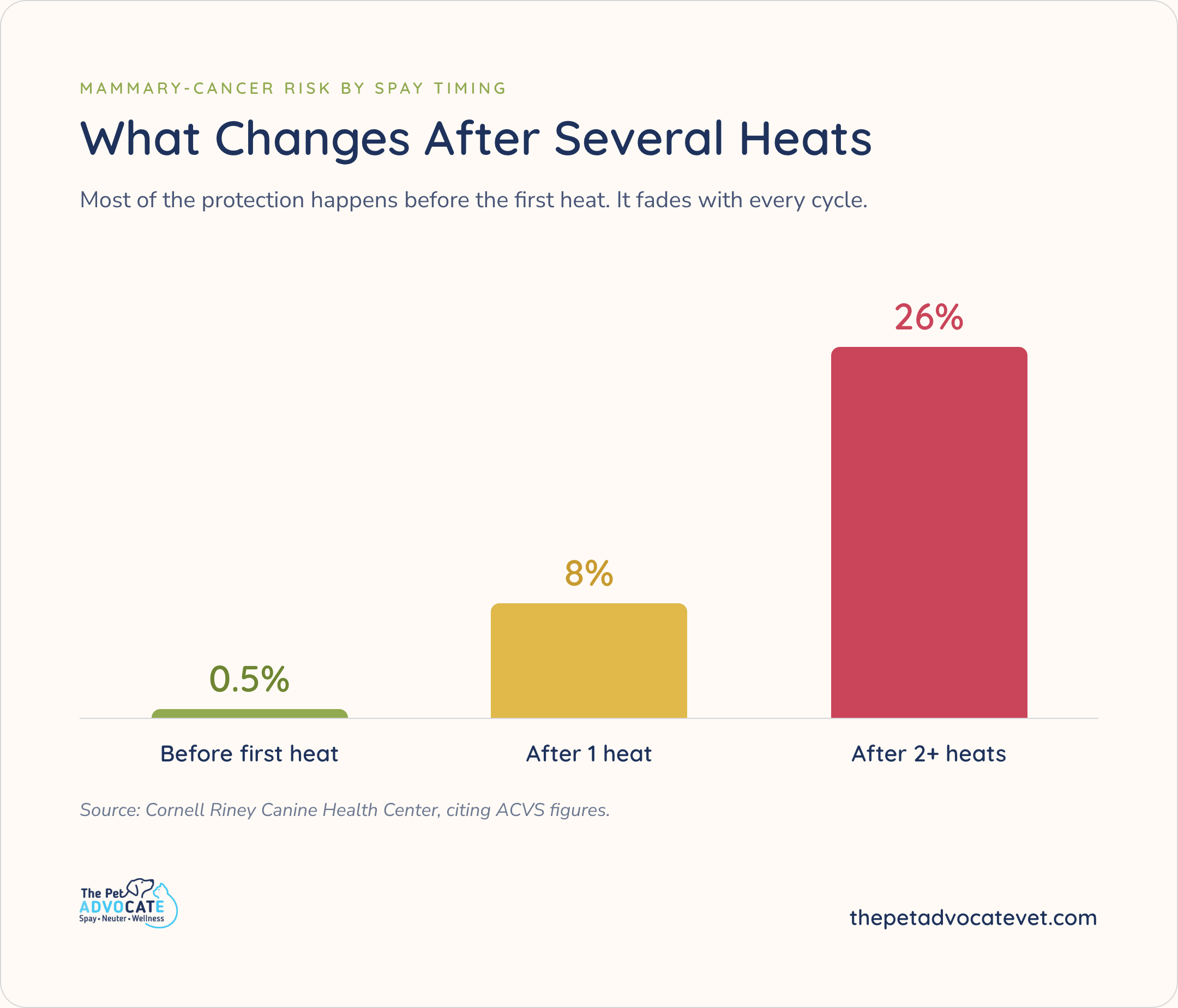 Mammary-cancer risk by spay timing bar chart: 0.5% before first heat, 8% after 1 heat, 26% after 2+ heats. Most protection is before the first heat and fades with every cycle. Source: Cornell Riney Canine Health Center, citing ACVS.