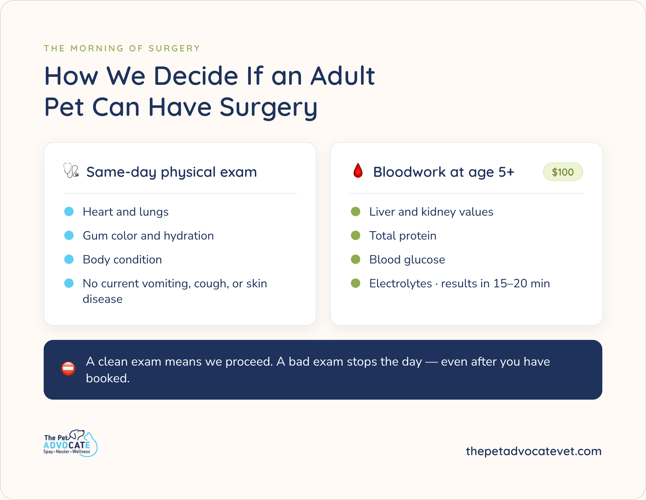 How We Decide If an Adult Pet Can Have Surgery: same-day exam (heart/lungs, gums, hydration, body condition, no vomiting/cough/skin disease) plus bloodwork at 5+ for $100 (liver, kidney, protein, glucose, electrolytes; 15–20 min). Bad exam stops the day.
