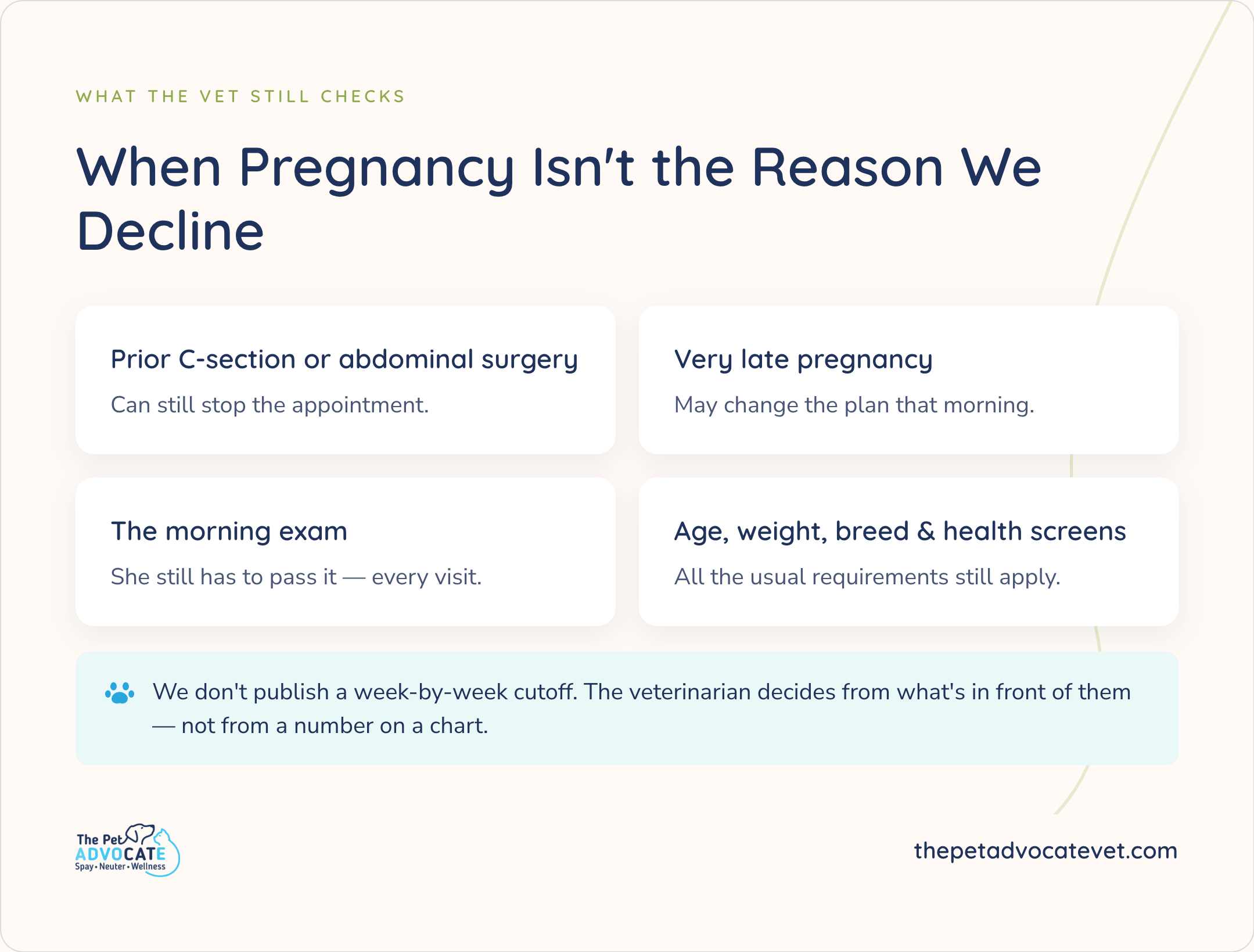 What the vet still checks: prior C-section or abdominal surgery, very late pregnancy, the morning exam, and age/weight/breed/health screens; no published week-by-week cutoff.