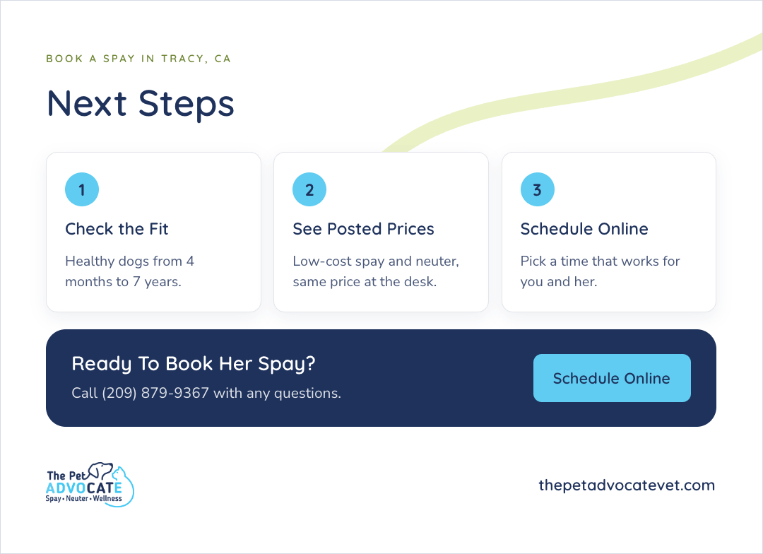 Next Steps for booking a spay at The Pet Advocate in Tracy, CA: check the fit for healthy dogs from 4 months to 7 years, see posted low-cost spay and neuter prices, and schedule online, with a call to action to book her spay or call (209) 879-9367 with any questions