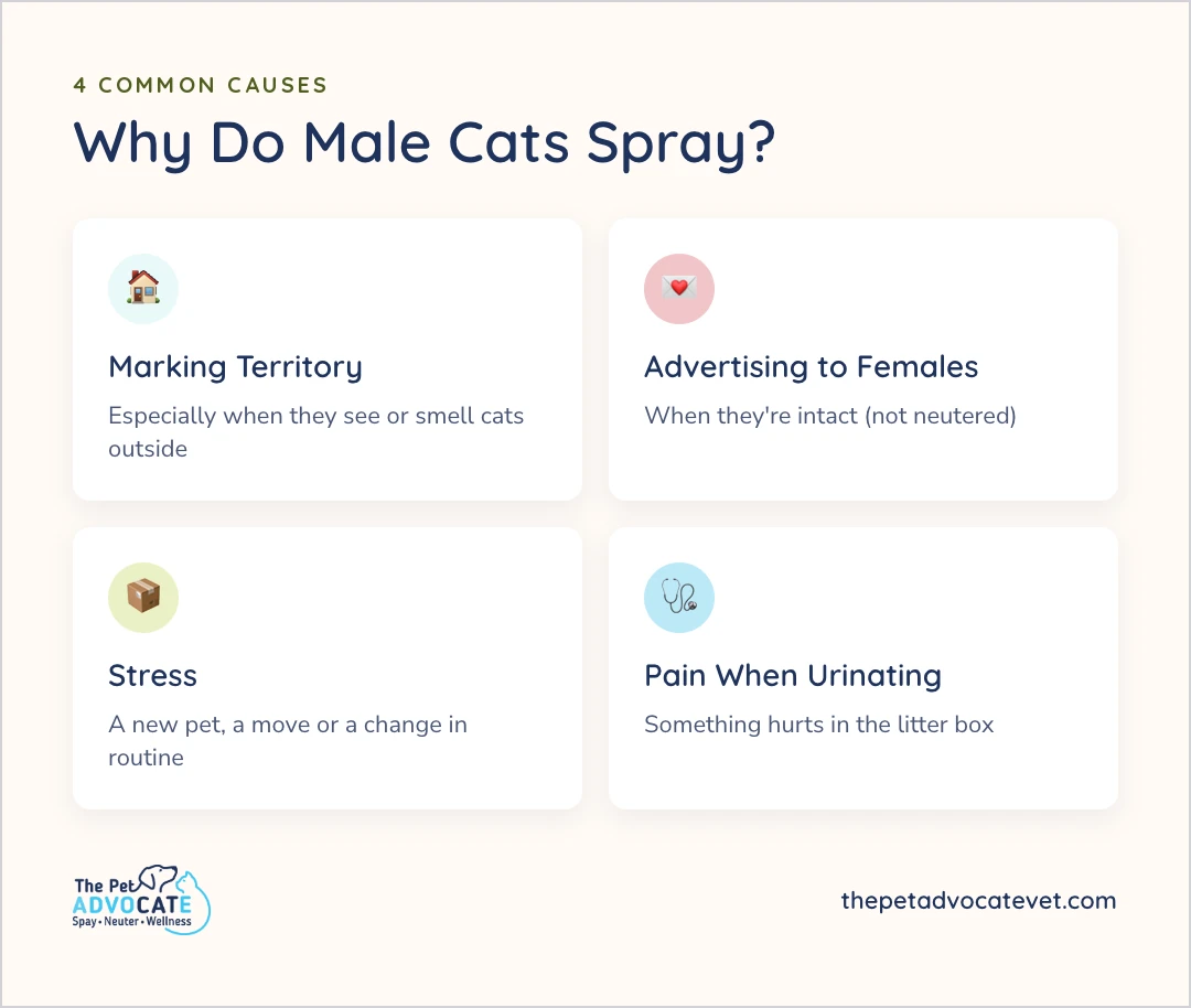 Four common reasons male cats spray: marking territory, especially when they see or smell cats outside; advertising to females when intact; stress from a new pet, a move or a change in routine; and pain when urinating.