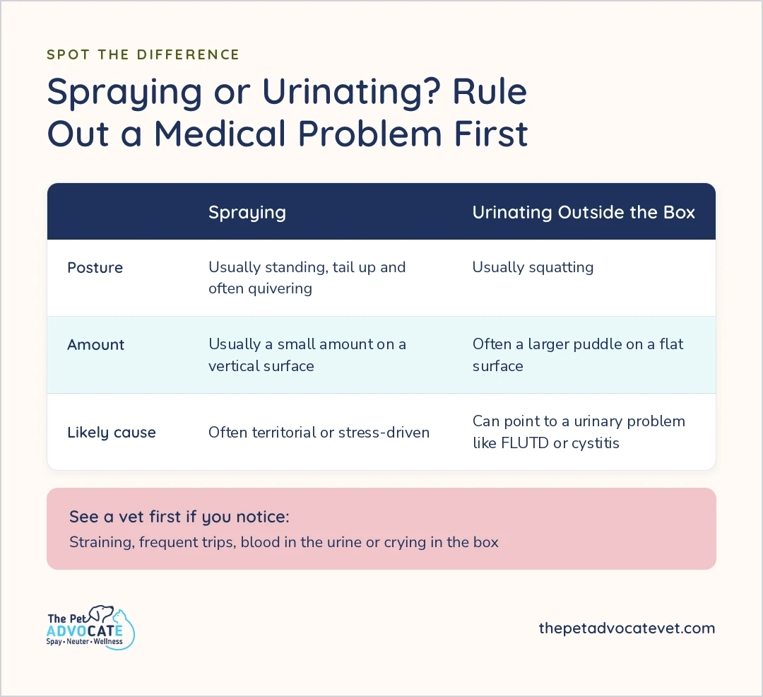 Table comparing spraying, usually standing with the tail up and usually a small amount on a vertical surface, often territorial or stress-driven, with urinating outside the box, usually squatting and often a larger puddle on a flat surface, which can point to a urinary problem like FLUTD or cystitis. See a vet first for straining, frequent trips, blood in the urine or crying in the box.
