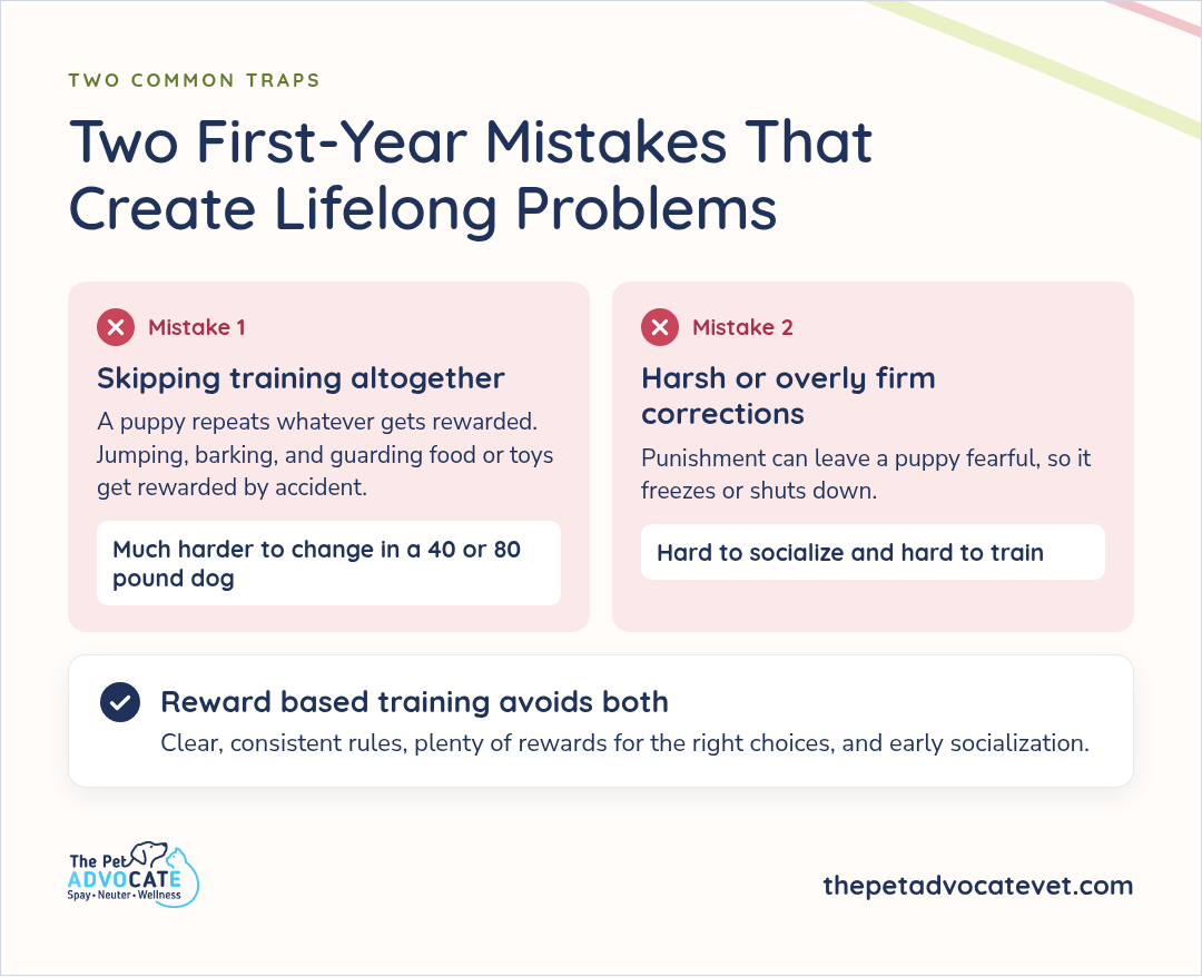 Two first-year mistakes: skipping training, which rewards jumping, barking and guarding, and harsh corrections that leave a puppy fearful. Reward based training avoids both.