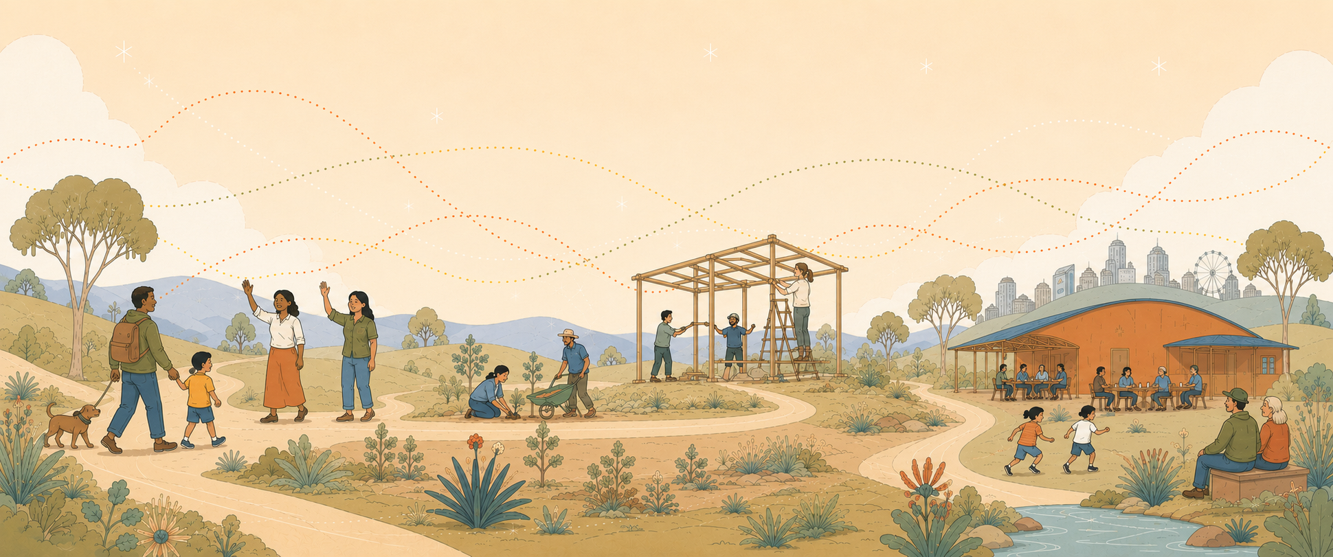 People gathering, yarning and building together on Country