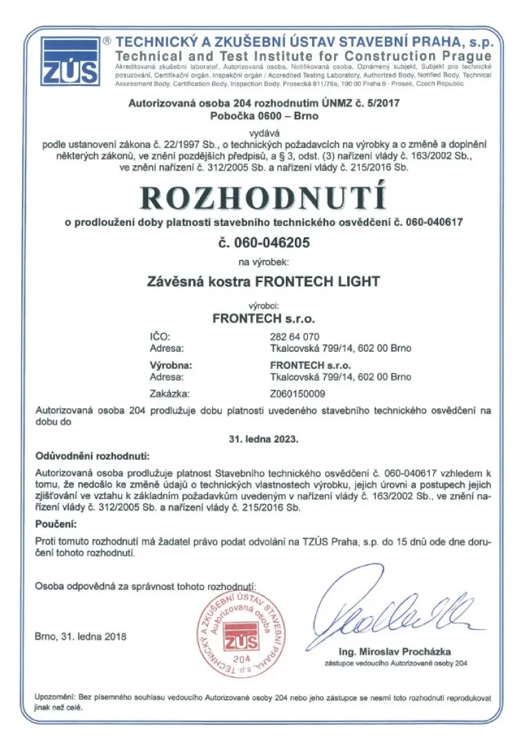 Rozhodnutí o prodloužení osvědčení závěsné kostry FRONTECH LIGHT