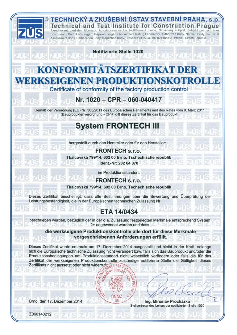 Německý certifikát shody řízení výroby systému FRONTECH III