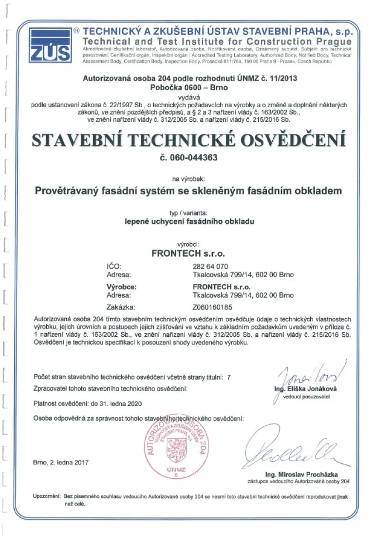 Stavební technické osvědčení systému FRONTECH se skleněným obkladem