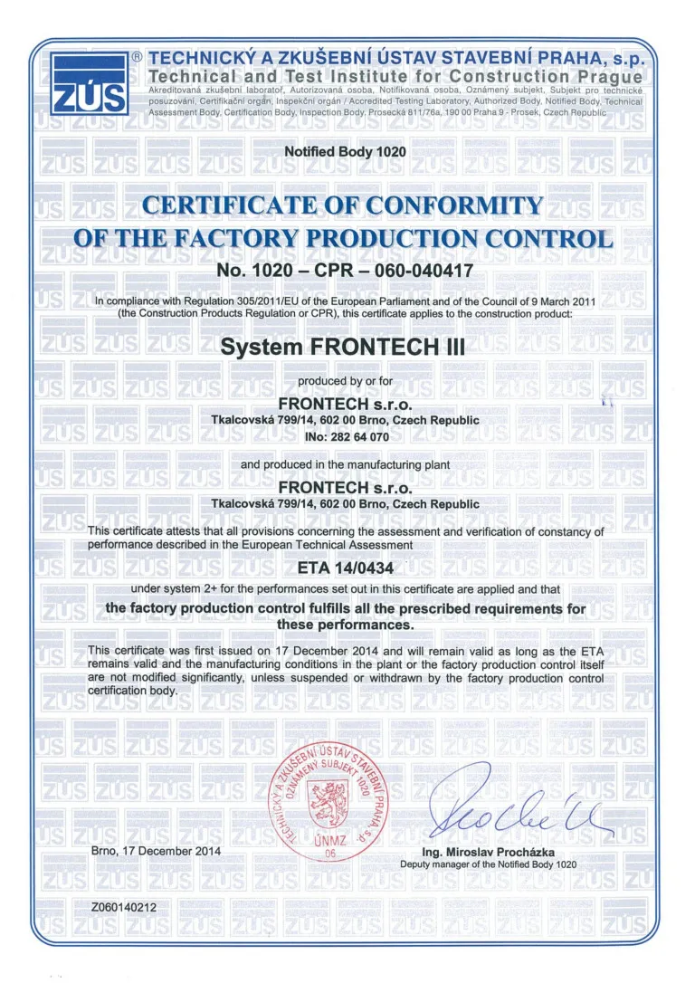 Anglický certifikát shody řízení výroby systému FRONTECH III