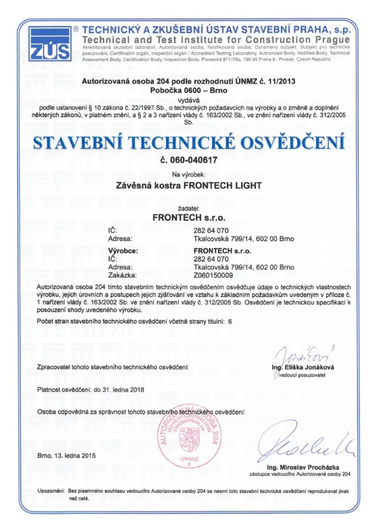 Stavební technické osvědčení závěsné kostry FRONTECH LIGHT