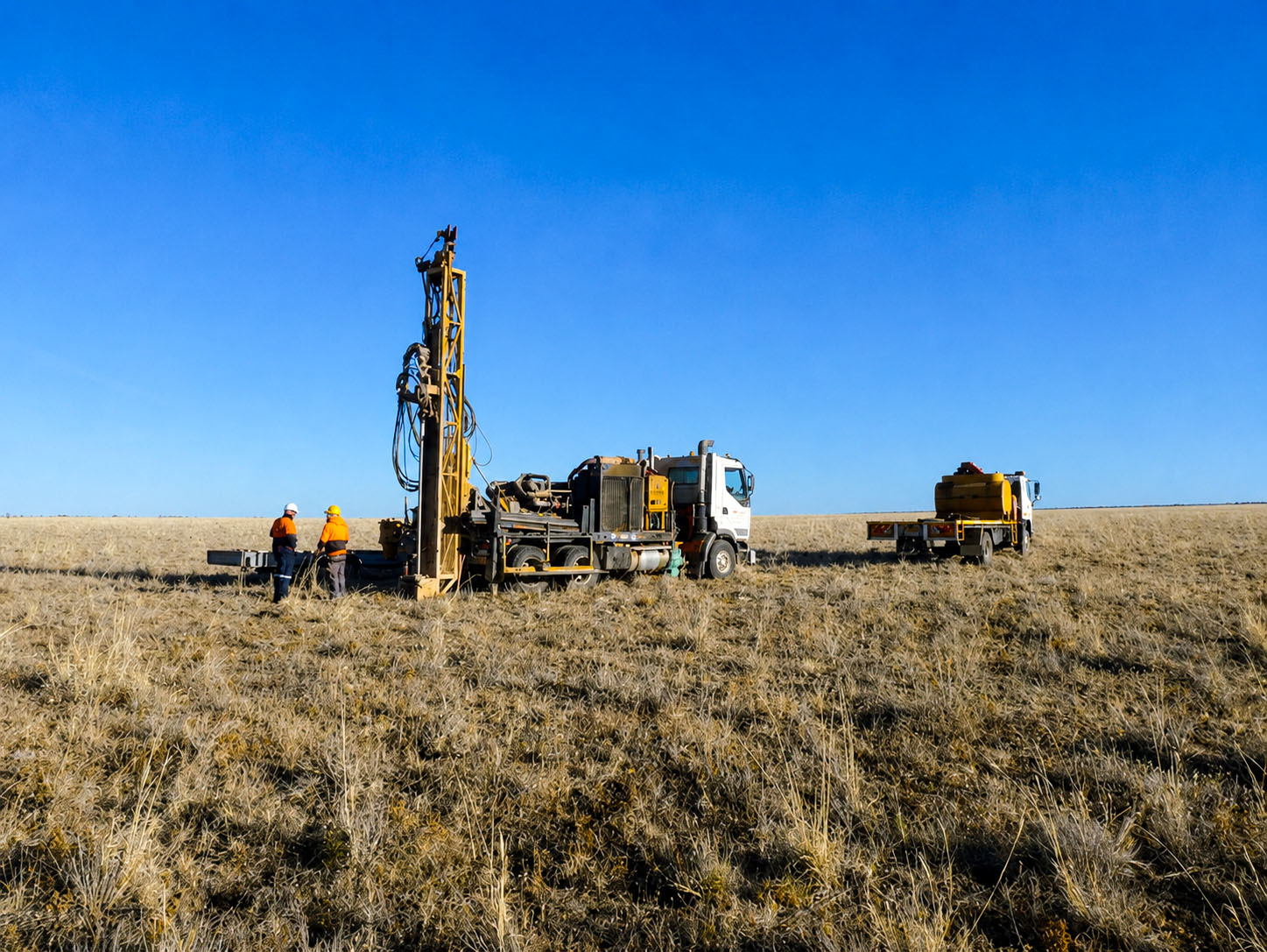 Two workers near drilling trucks on dry grassy land under a clear blue sky.