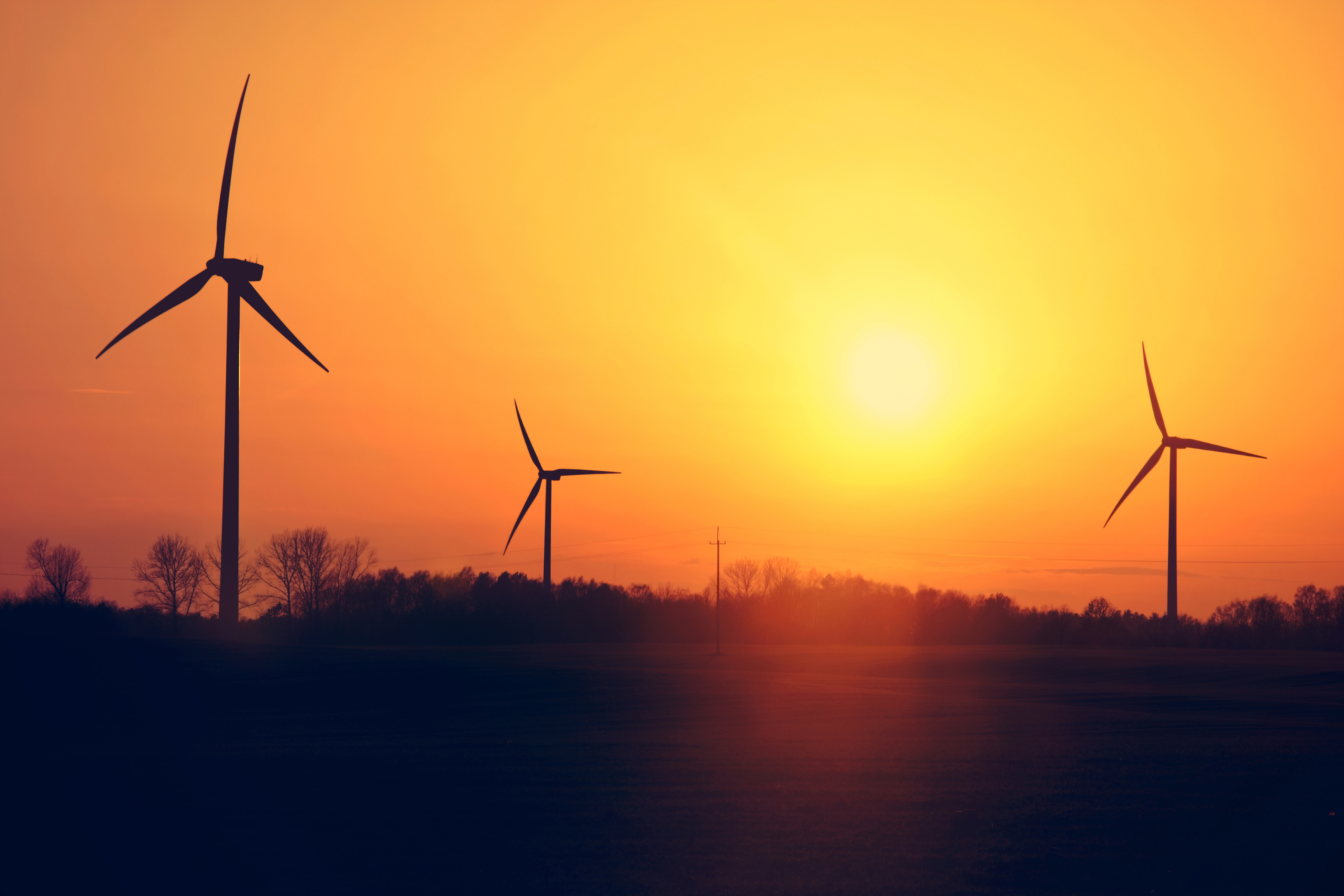 Three wind turbines silhouetted against a golden sunset sky over a dark landscape with trees.