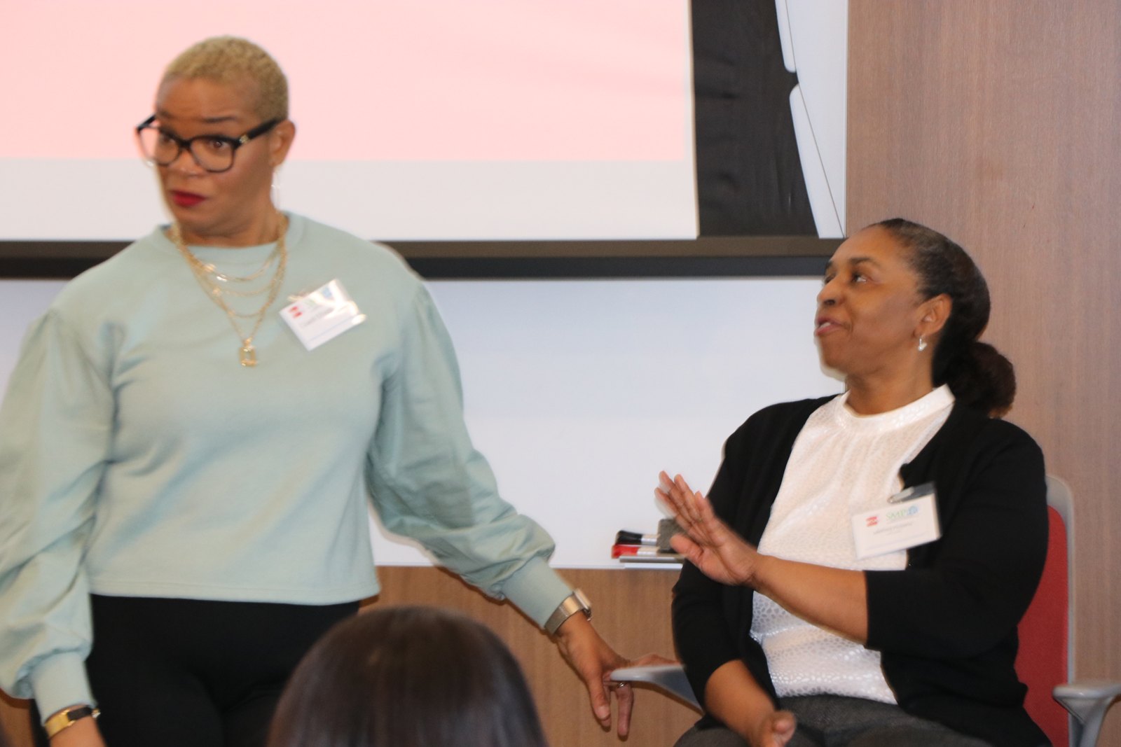 Two women engaged in workshop discussion at SMPHR event