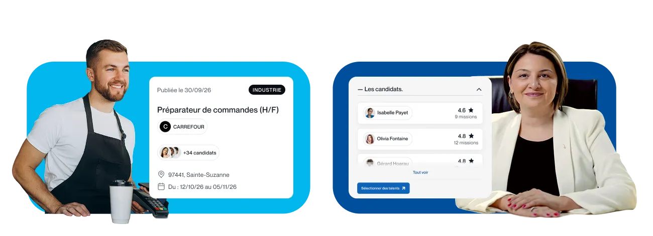 Visuel Symbioz : un salarié en mission à côté d'une offre d'emploi et une recruteuse consultant les candidats.