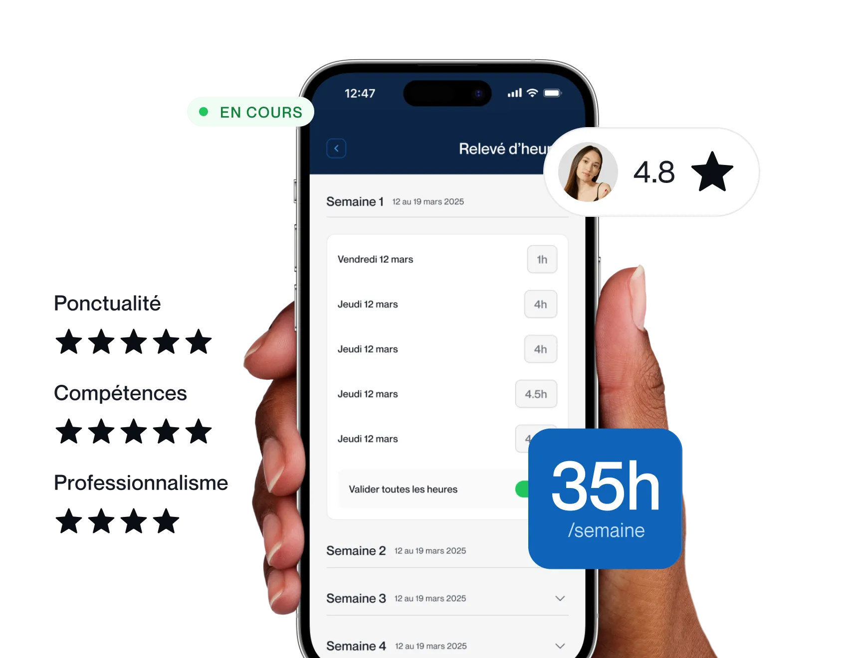 Application mobile Symbioz montrant la validation du relevé d'heures et la note candidat.