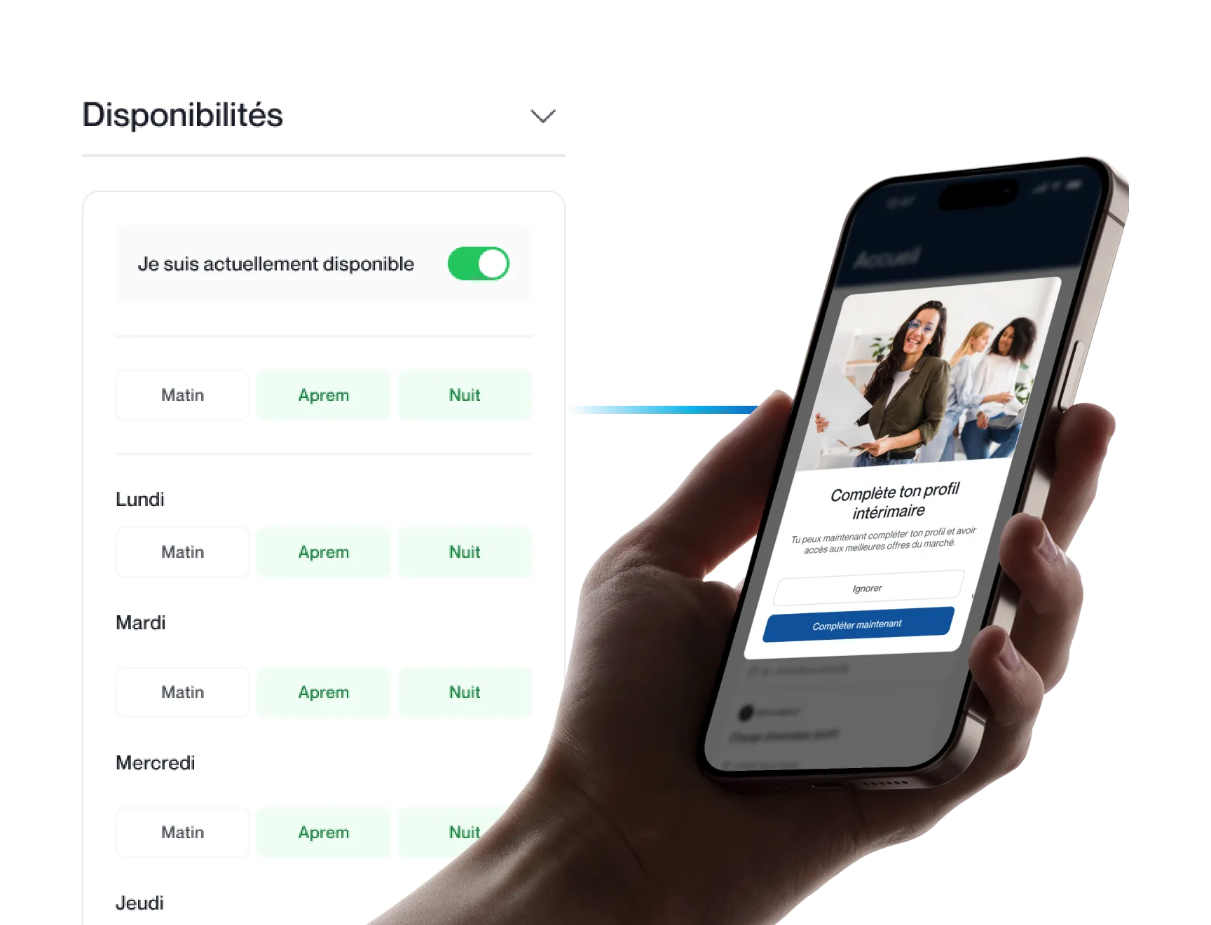 Interface Symbioz pour définir ses disponibilités et compléter son profil intérimaire.