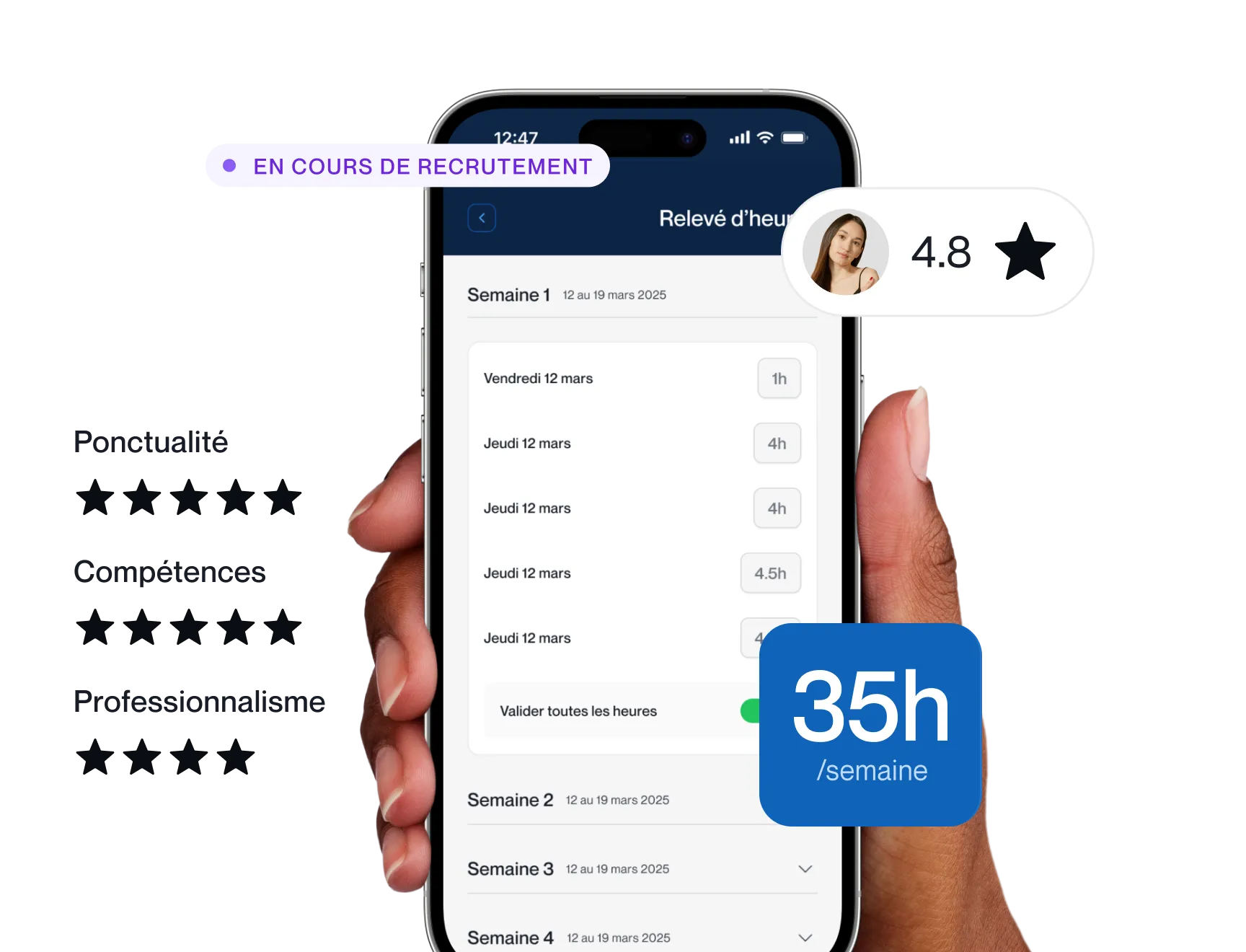Application mobile Symbioz affichant un relevé d'heures et un recrutement en cours.