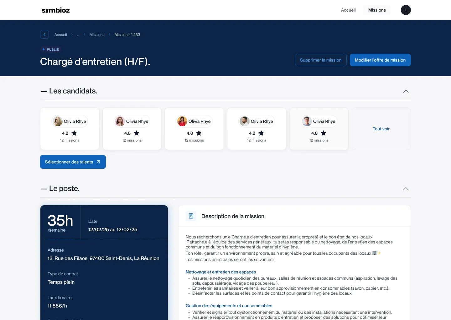 Capture de l'interface Symbioz listant les candidats pour une mission de chargé d'entretien.