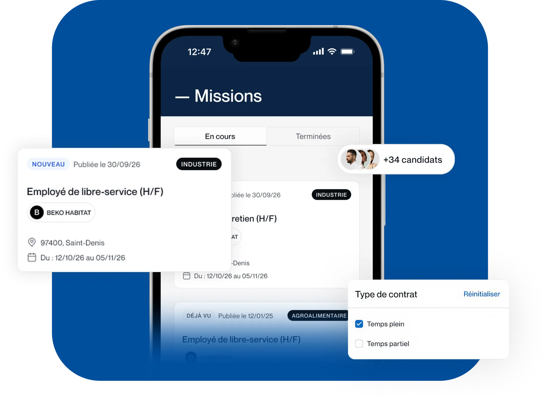 Application mobile Symbioz listant les missions disponibles et les filtres de contrat.