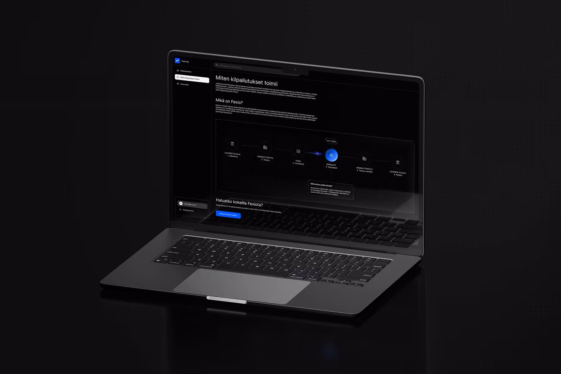 Black laptop showing a Finnish interface explaining how competitions work with a step-by-step diagram.