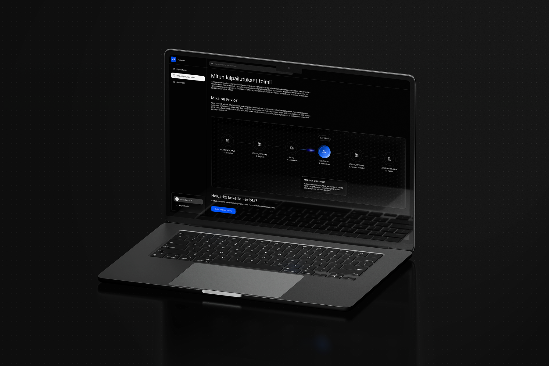 Black laptop showing a Finnish interface explaining how competitions work with a step-by-step diagram.