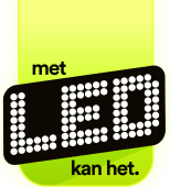 Logo met de tekst 'met LED kan het.' met LED-stipstijl op een groen-gele achtergrond.