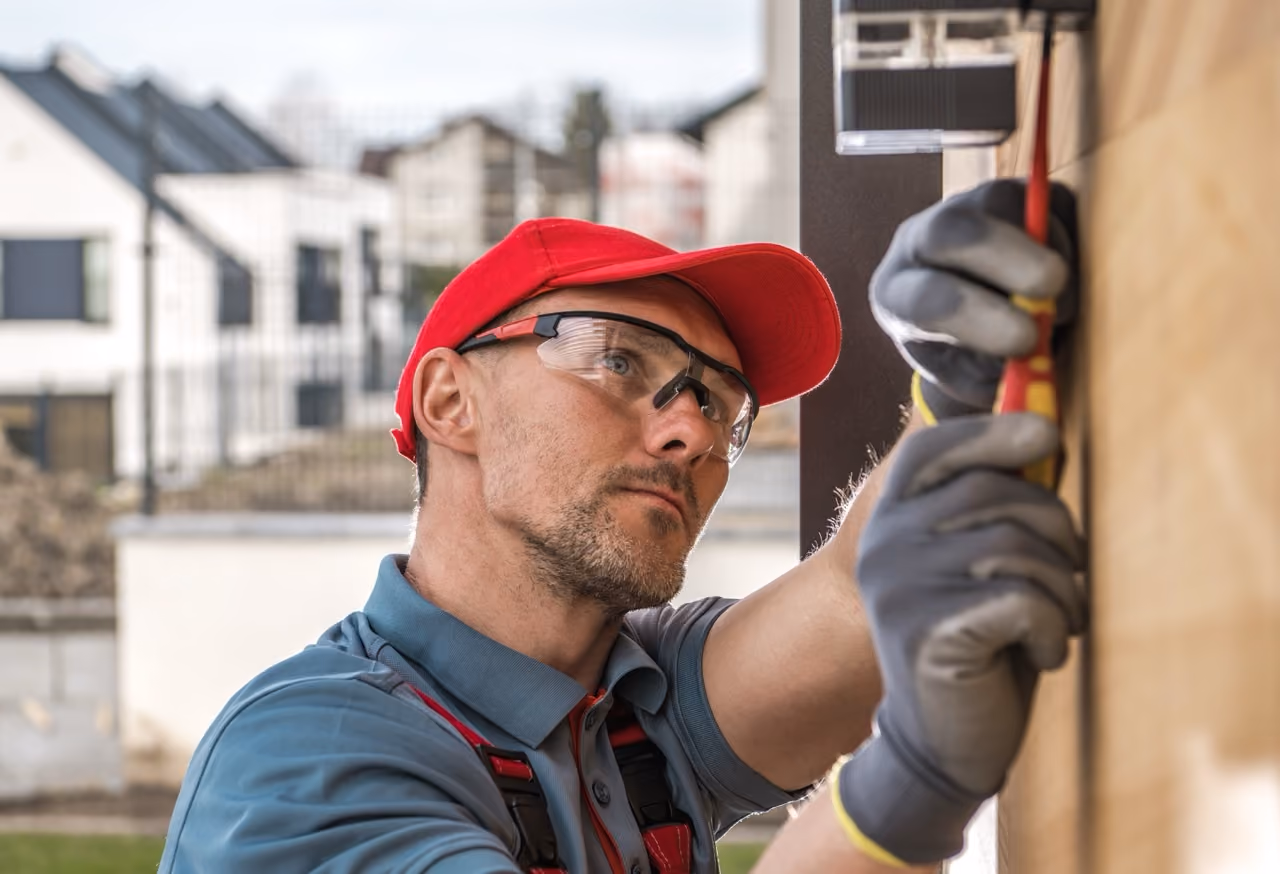 Man met rode pet, veiligheidsbril en werkhandschoenen gebruikt gereedschap op een houten oppervlak bij een huis.