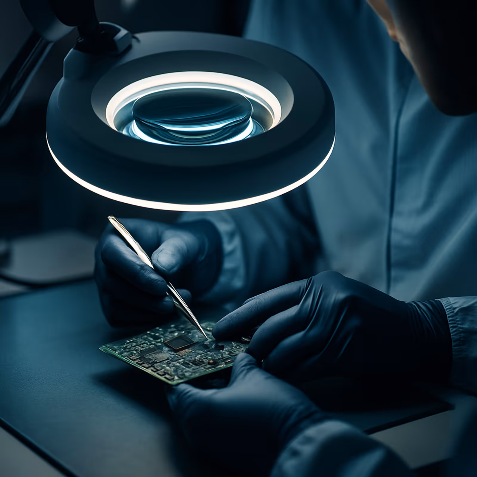 Technician wearing gloves repairing a circuit board under a bright magnifying lamp.