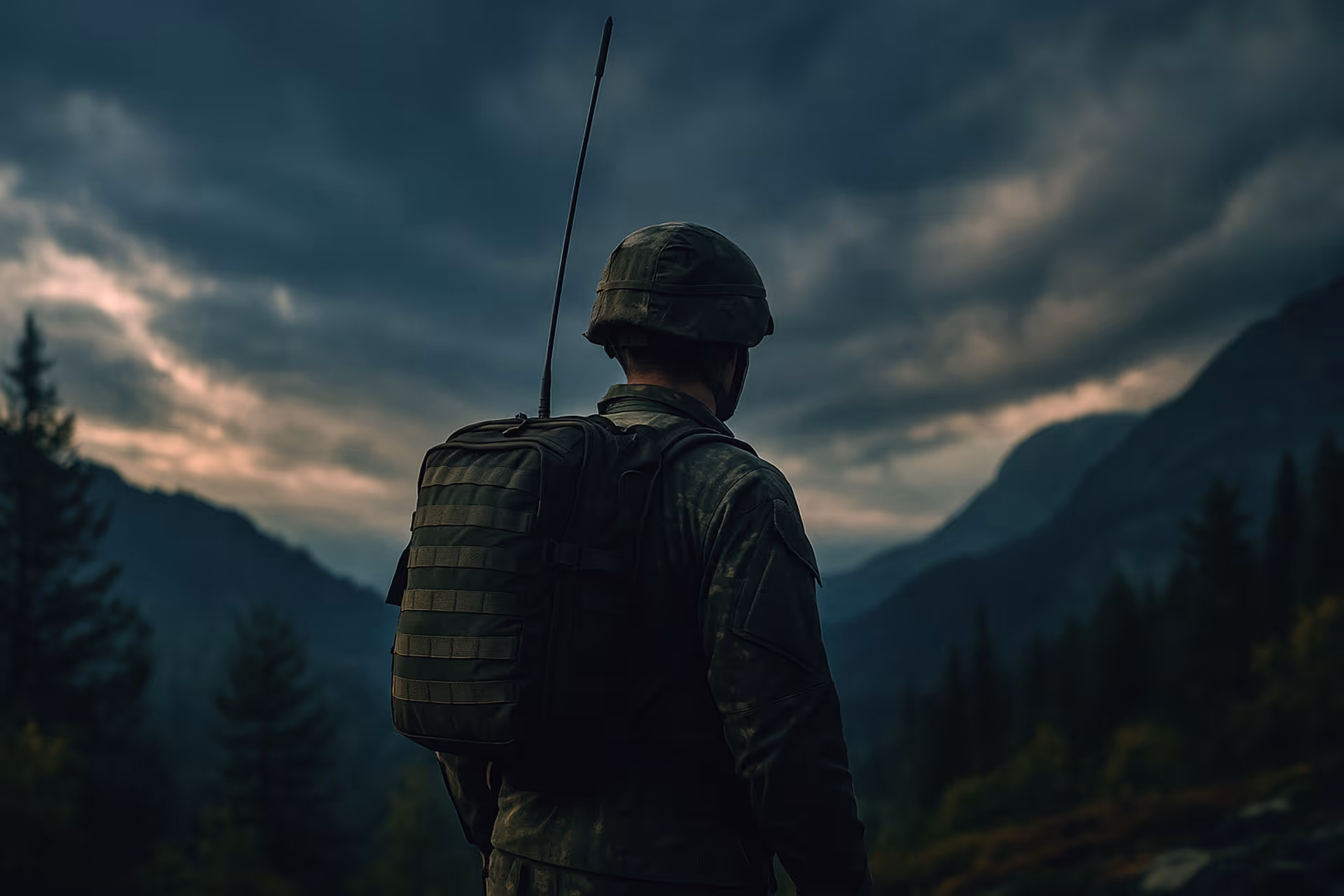 Soldier in uniform with radio backpack standing in a forested mountain area under moody sky.