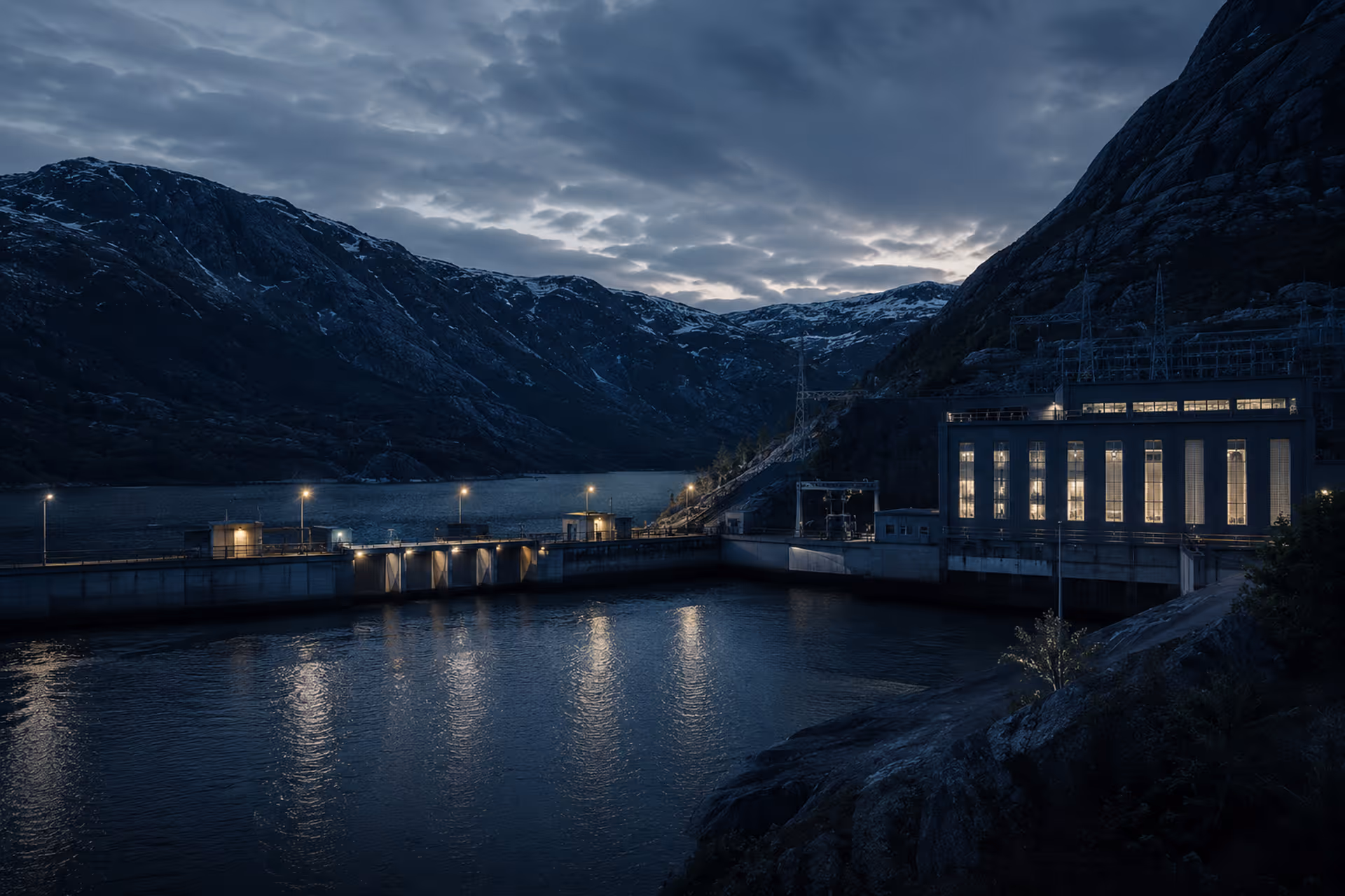 Hydroelectric dam with illuminated building at dusk surrounded by mountains and water.