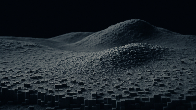 Dark abstract terrain with smooth hills and cubic blocks scattered in foreground.